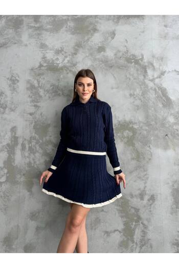 MODAMERSİ Women's Navy Blue Polo Neck Stripe Detailed Skirt Sweater Two-Piece Set