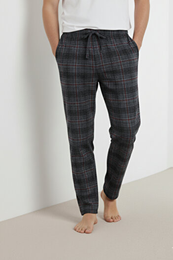 Elemge Checkered Cotton Elastane Men's Pajama Bottoms Thin Comfortable Fit with Pockets Drawstring Stretchy Dark Gray Plaid Seasonal