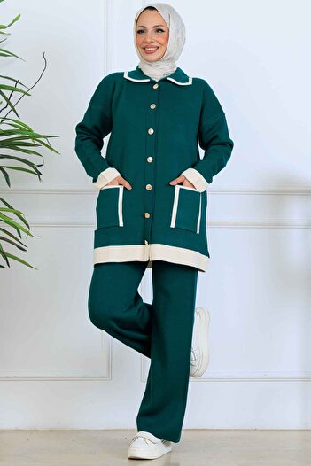benguen Buttoned Line Detailed Knitwear Set S1043 Emerald Green