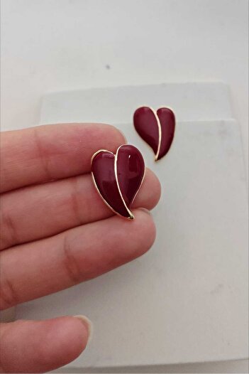 KYOLA DESİGN Burgundy Enamel Heart Gold Women's Earrings