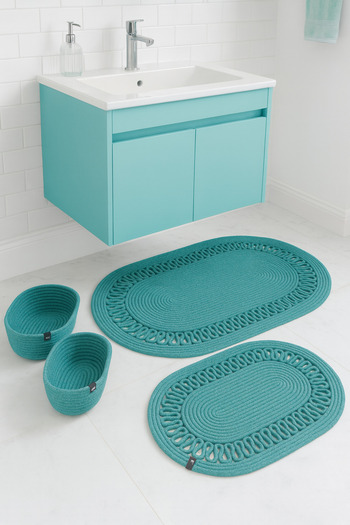 MaVaux Terra 4-Piece Bathroom Set – 2 Oval Mats & 2 Oval Baskets, Natural Rope Weaving, Handmade - Premium