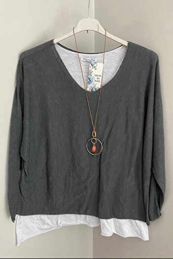 AYASOFYA OTANTIK Women's Italian Dark Gray Plain Patterned Collared Cotton Combed Sleeveless Inner Long Sleeve Knitwear Blouse 2-Piece Set