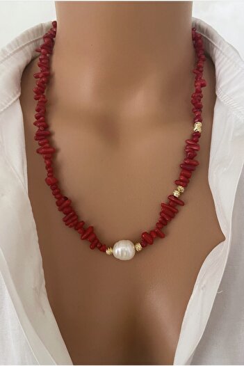 TARZ-I TAKI Natural Stone Red Branch Coral Real Pearl Detail Necklace