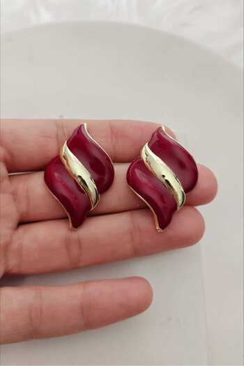 KYOLA DESİGN Burgundy Enamel Wavy Elegant Gold Women's Earrings