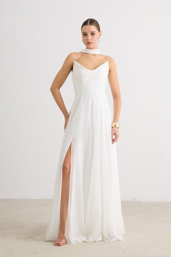 Carmen Ecru Slit Chiffon Wedding Dress
