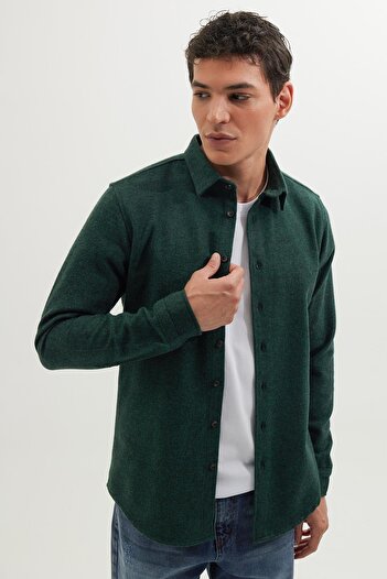 Tudors Men's Slim Fit Slim-Fitting Long-Sleeved Solid Winter Lumberjack Green Shirt