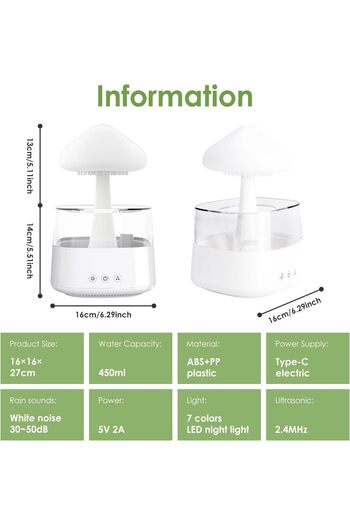Tissting 450ML Rain Cloud Humidifier, Mushroom Rain Cloud Diffuser, Rain Cloud Humidifier Night Ligh