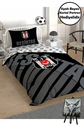 Taç Licensed Beşiktaş Black Logo Single Duvet Cover Set with Mini 3D Portrait Gift