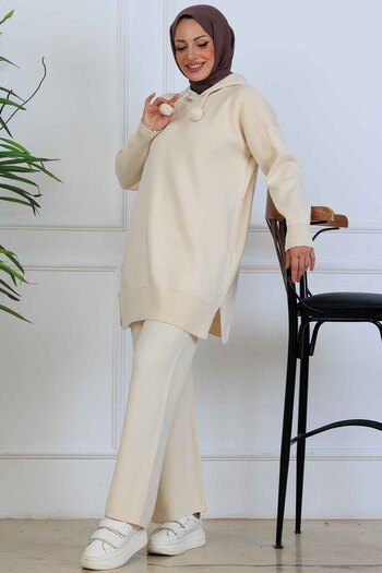 benguen Hooded Knitwear Set S1079 Stone Color