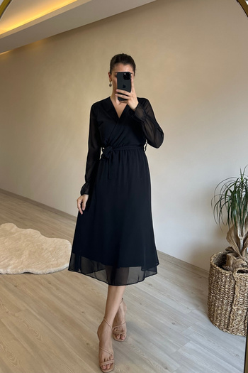 Neşeli Butik Дамска рокля от шифон с дължина до коляното, кръстосано деколте и колан NM013