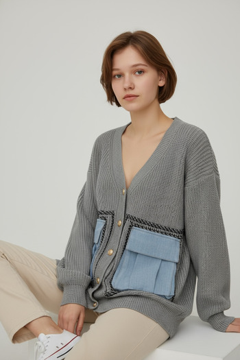 NEWCO Oversize Knit Cardigan with Pockets - Denim Detailed Buttoned Thick Textured Women's Cardigan