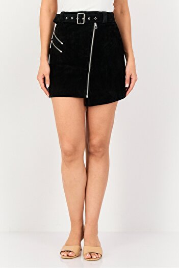 Selected Femme Women Leather Belted Mini Skirt, Black
