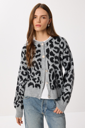 Lovelyİstanbul Leopard Patterned Buttoned Knit Cardigan Li̇y0006 Gray Black