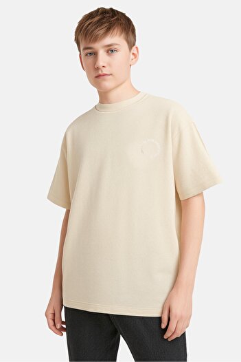 BLANK ESSENTIALS Kids Boy Short Sleeve Brand Logo T-shirt, Beige