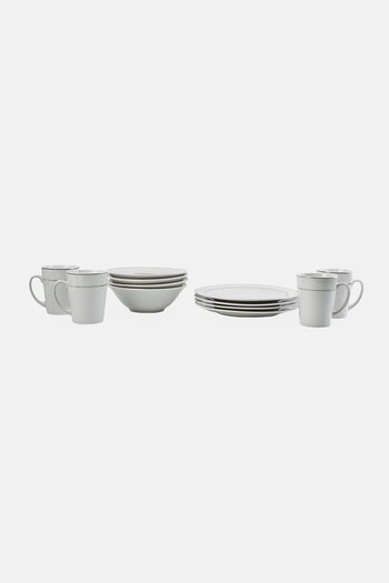 Gibson Home 12 Pieces Tuxedo Deluxe Gold Banded Fine Ceramic Dinnerware Set, White