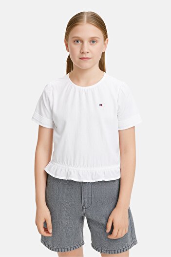Tommy Hilfiger Kids Girl Embroidered Logo Short Sleeve Top, White