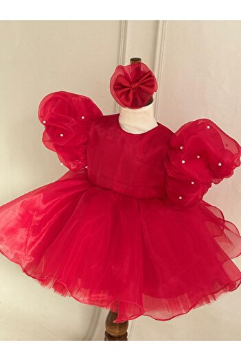 Hobidik Baby Baby Girl Children's Red Pearl Detailed Birthday Dress – Special Design with Tulle