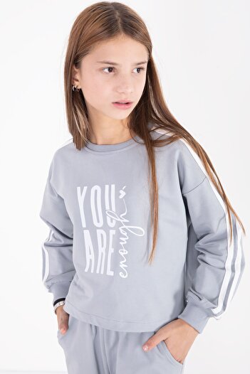 Cansın Mini Gray Text Printed Cargo Pocket Detailed Girls' Suit 22777