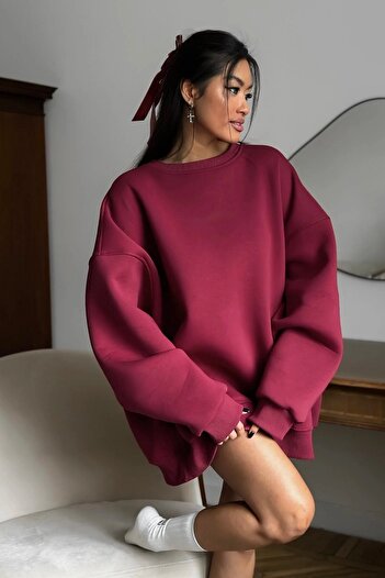 The Champ Clothing Γυναικείο φούτερ φόρεμα Oversize Basic Claret Red – Crew Neck, 3-κλωνος φλις με ανάλαφρο ριχτάρι