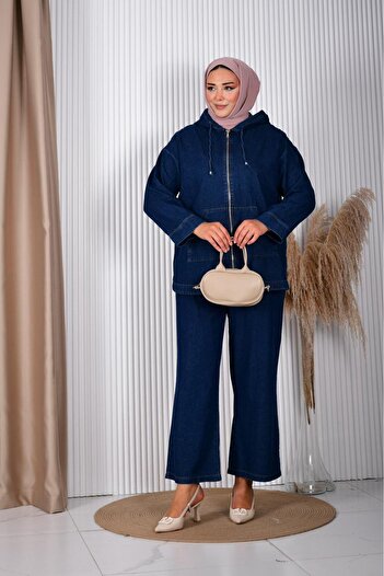 AKŞEN GİYİM Set de jachetă cu glugă și pantaloni largi, 100% denim, spălat și decolorat, mărime mare