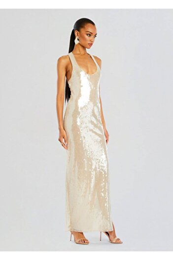 Aziza Collection Gold Sequin One-Shoulder Maxi Dress with High Slit