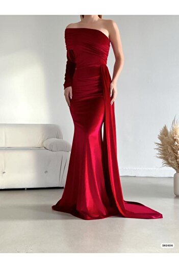 Modafeminen Rochie de seară și de absolvire cu tăietură pește, cu un singur umăr, din țesătură elastică, cu detaliu lateral la coadă 582656 ROȘU