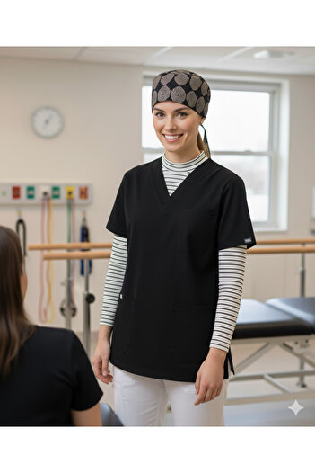 mirach 3-Piece Nurse Set Black Scrubs Labyrinth Surgical Cap Striped White Stand-Up Collar Neck Collar Sleeves