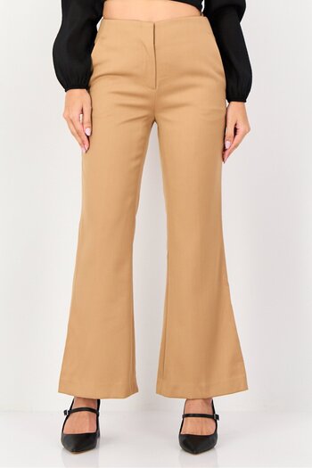 Selected Femme Women Regular Fit Solid Stretchable Flare Pants, Tan