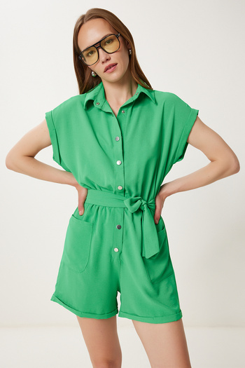 NEWCO Polo Neck Mini Woven Jumpsuit with Buttoned Pockets