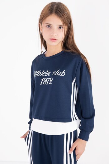 Cansın Mini Navy Blue Stripe Detailed Lettering Wide Leg Girls' Suit 22774