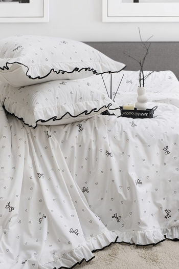 MOON SECRET Double Duvet Cover Set 100% Cotton Heart and Bow Patterned Ruffle Detailed Duvet Cover Set