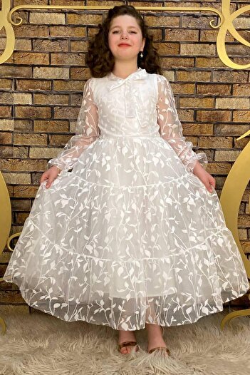 Tarz Çocuk Lace Leaf Girls Long White Evening Dress