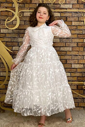 Tarz Çocuk Lace Leaf Girls Long White Evening Dress