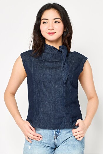 Levi's Women Plain Tie Neck Sleeveless Denim Top, Navy