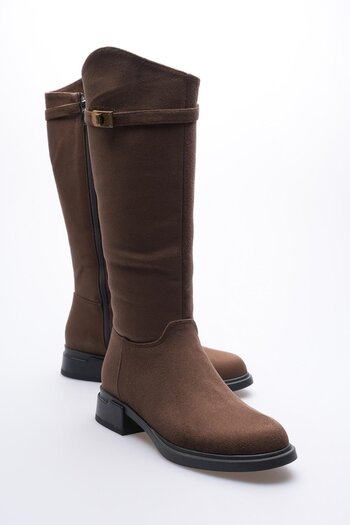Mubiano Women's Suede Boots with Zipper and Gold Buckle Brown Lorent