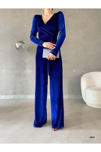 Modafeminen Stretchy Velvet Fabric Double Breasted Neckline Belted Long Evening Jumpsuit 58618 Saks