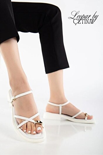 leopar by çetinay 938 Bella Gold Bella |   Women's White Gold Ring Detailed Comfortable Flat Sandals