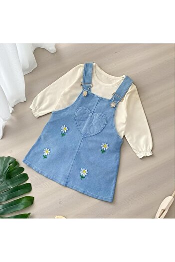 ALTINTAŞ BABY Daisy Embroidered Heart Patterned Seasonal Knitted Denim Fabric Cotton 2-Piece Salopet Set
