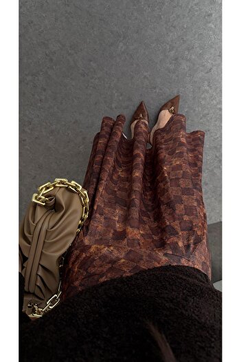 HAZELANNA Checkered Brown Satin Skirt