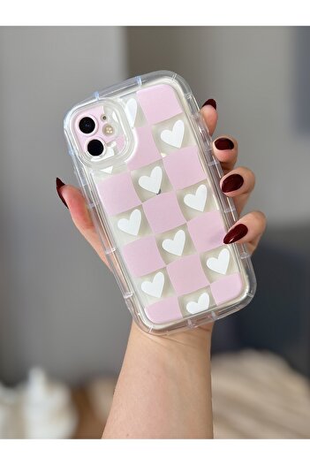 MİRAZ TASARIM iPhone 11 Pink Square and Heart Patterned Transparent Shockproof Case
