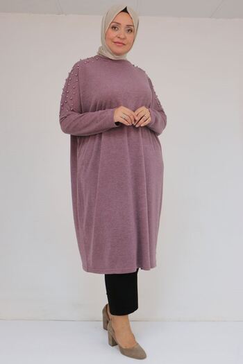 Eslina 58152 Plus Size Low Shoulder Stone Detailed Mir Tunic - Dusty Rose