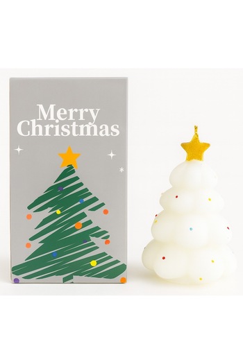 OEM Christmas Scented Candle, Tree Shape, Handmade, Gift Box Included, 8.5 x 5.8 cm, White/Gold
