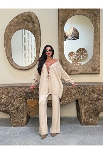 manana fashion Knitwear Tie-Up Cardigan Pants Two-Piece Seasonal Set