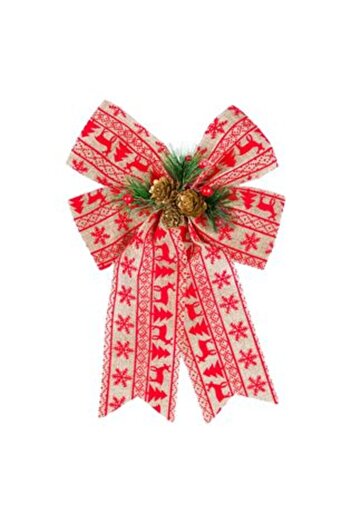 oemco Beige Christmas Decorative Bow with Red Details 32cm