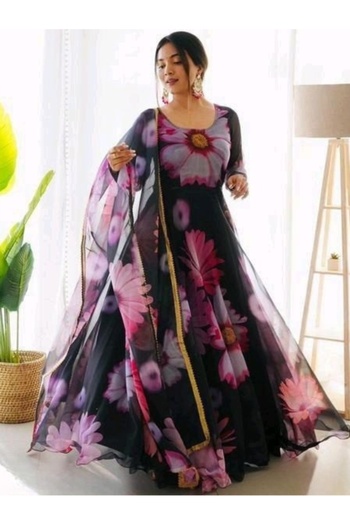 MYSMAR Black Faux Georgette Printed Gown - NFJ2726 | Black