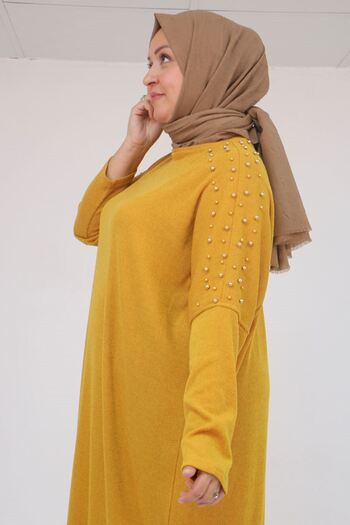 Eslina 58152 Plus Size Low Shoulder Stone Detailed Mir Tunic - Mustard