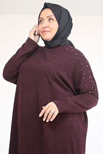 Eslina 58152 Plus Size Low Shoulder Stone Detailed Mir Tunic - Plum