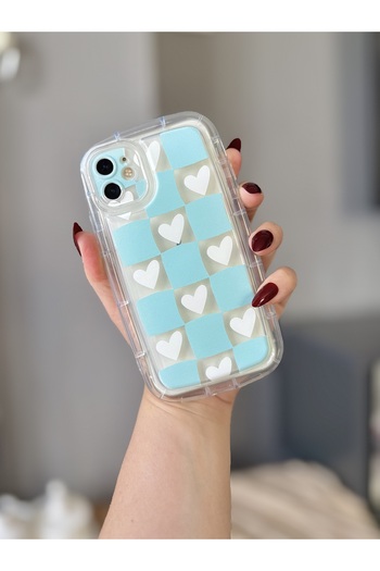 MİRAZ TASARIM iPhone 11 Blue Square and Heart Patterned Transparent Shockproof Case