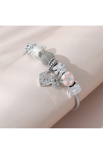Tessero Women's Bracelet with Heart Lock Charms, Pandora Style, Silver-Plated, Zircon Stones, Adjustable Siz