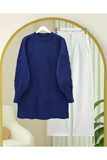 Modamorfo Round Neck Soft Knit Sweater with Handle Flower Detail - Navy